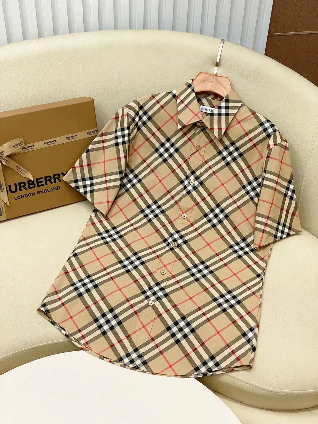 25SS BURBERRY バーバリー チェック ボタン ショートスリーブ コットン ポプリン シャツ