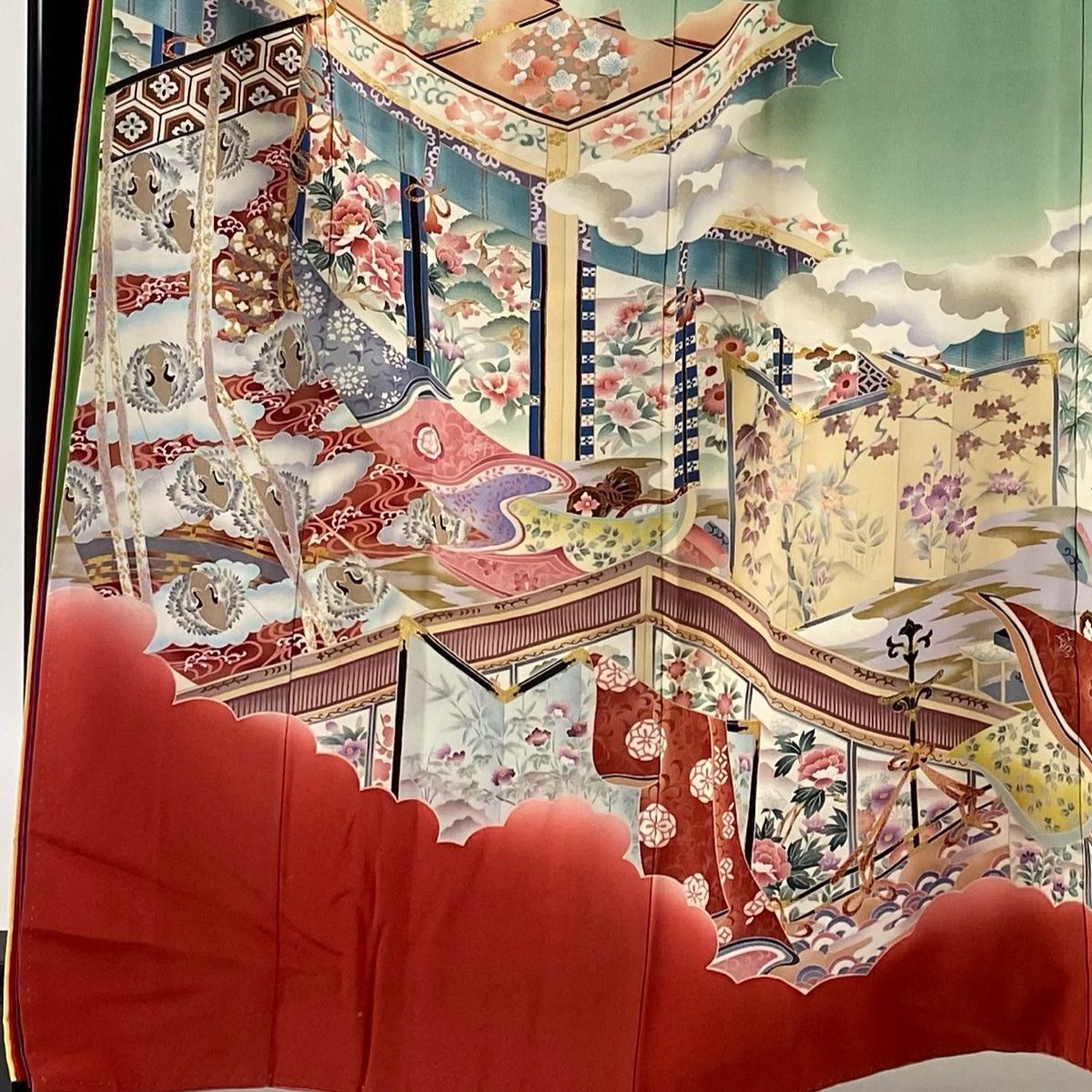 振袖 身丈163cm 裄丈67.5cm L 袷 屏風 花鳥 金彩 ぼかし よもぎ色 正絹 秀品 一つ紋