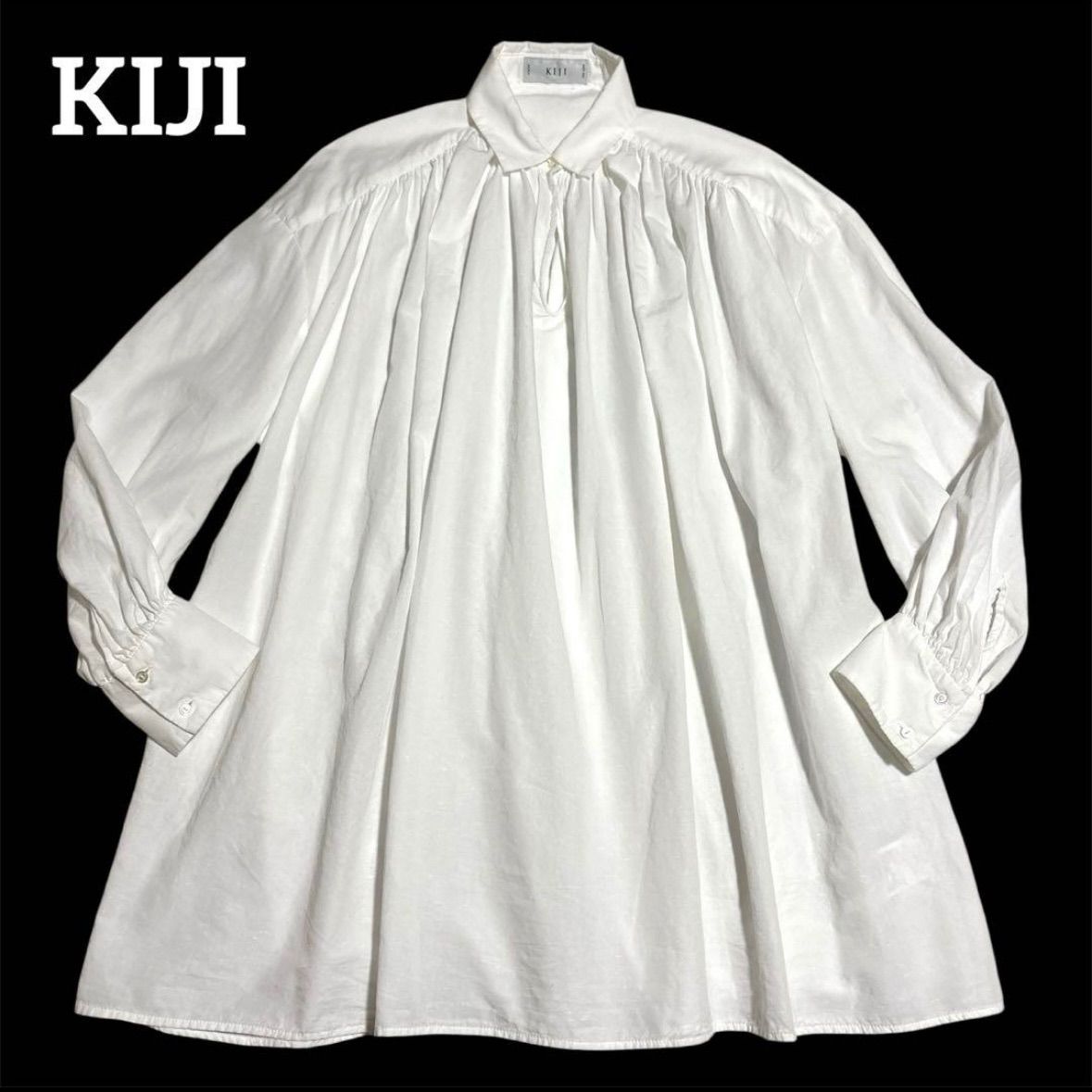 KIJI キジ 3万円 コットン ギャザー オーバーサイズ シャツ 襟付き 横幅たっぷり ふんわり 体型カバー 白 ホワイト ＊フォロー割対象品 5 offさせて頂きます