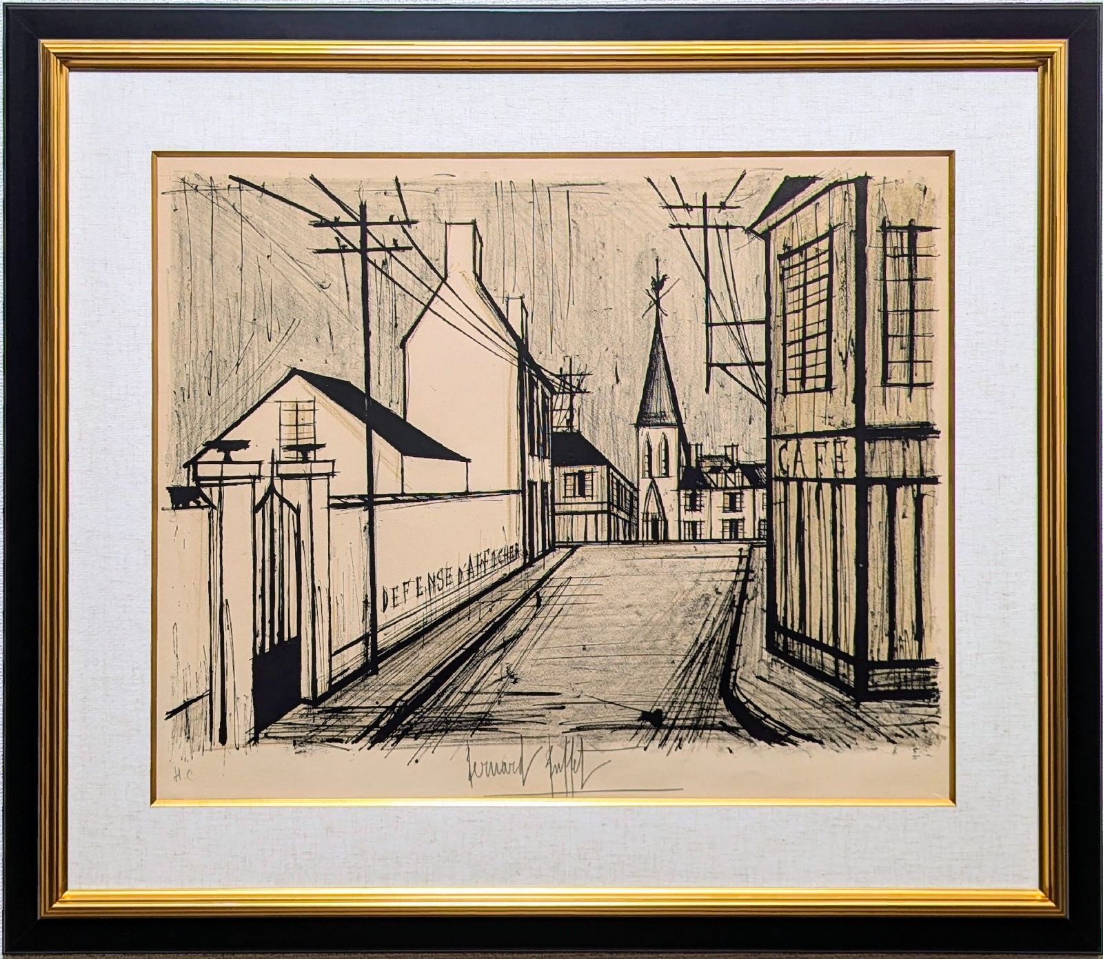 真作 直筆サイン ベルナール ビュッフェ 坂道と教会 リトグラフ 額付