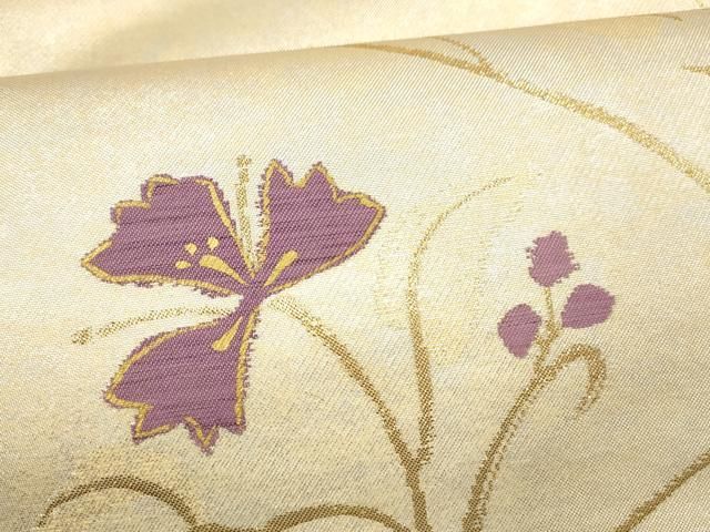 平和屋着物●京の名門　じゅらく謹製　帝王紫　九寸名古屋帯　花唐草文　金銀糸　正絹　逸品　DAAX0243cm 平和屋着物○京の名門 じゅらく謹製 帝王紫 九寸名古屋帯 花