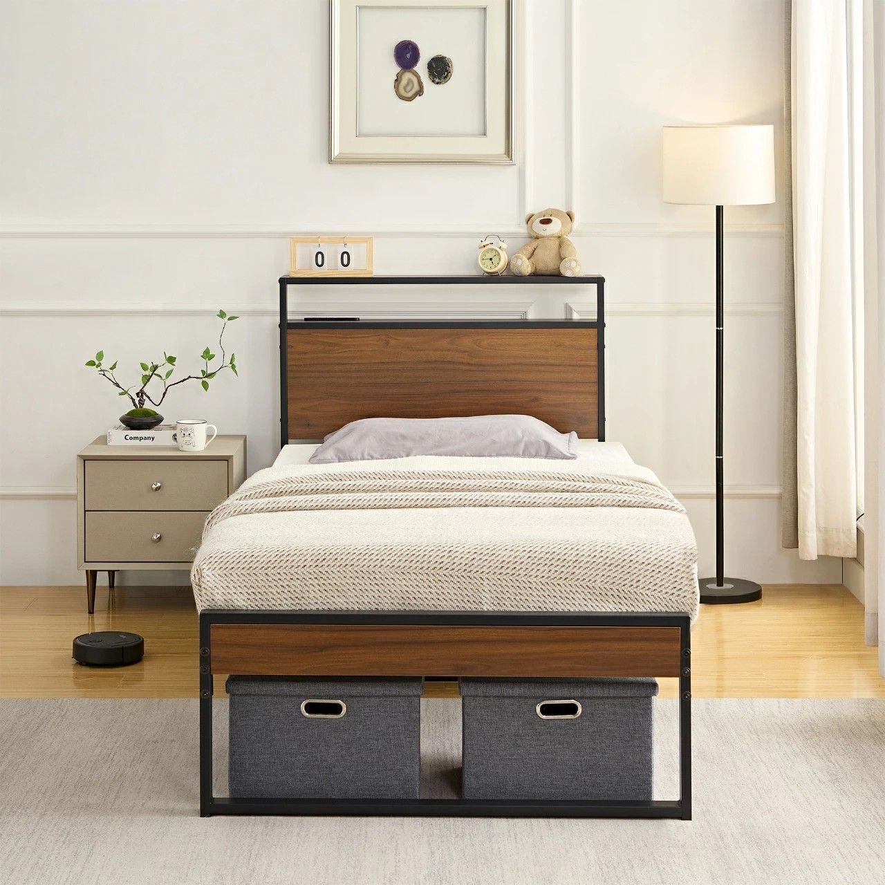 VECELO 即納 ベッド ベッドフレーム シングル 2口コンセント付