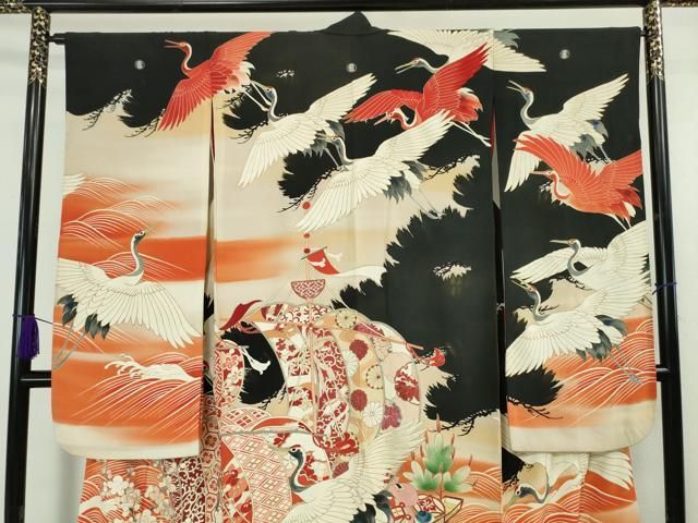 平和屋本店□極上 アンティーク 大正ロマン 振袖 刺繍 飛鶴 宝船 黒地  