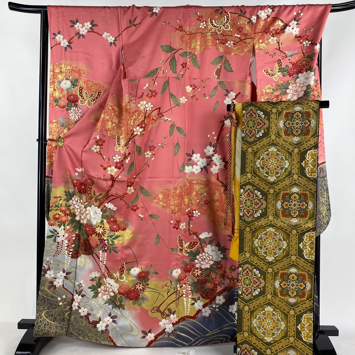 振袖 身丈166.5cm 裄丈67cm M 袷 袋帯フルセット 蝶 花車 金糸 金彩 ピンク 正絹 名品
