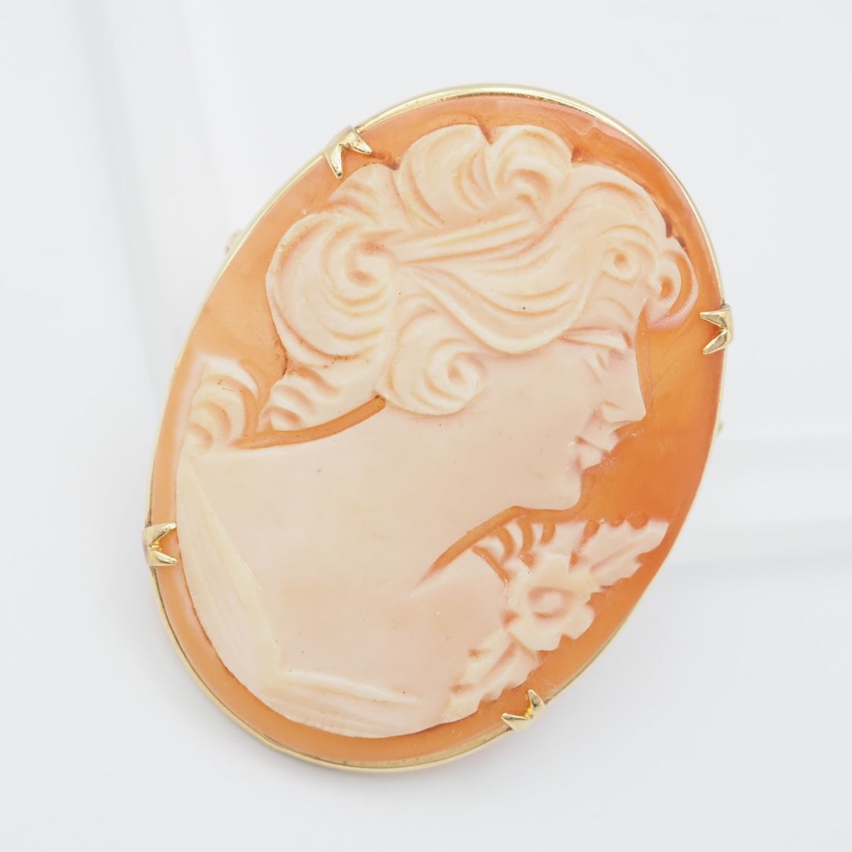 C206 シェルカメオ 作家サイン有 ブローチ 女性横顔 ゴールド