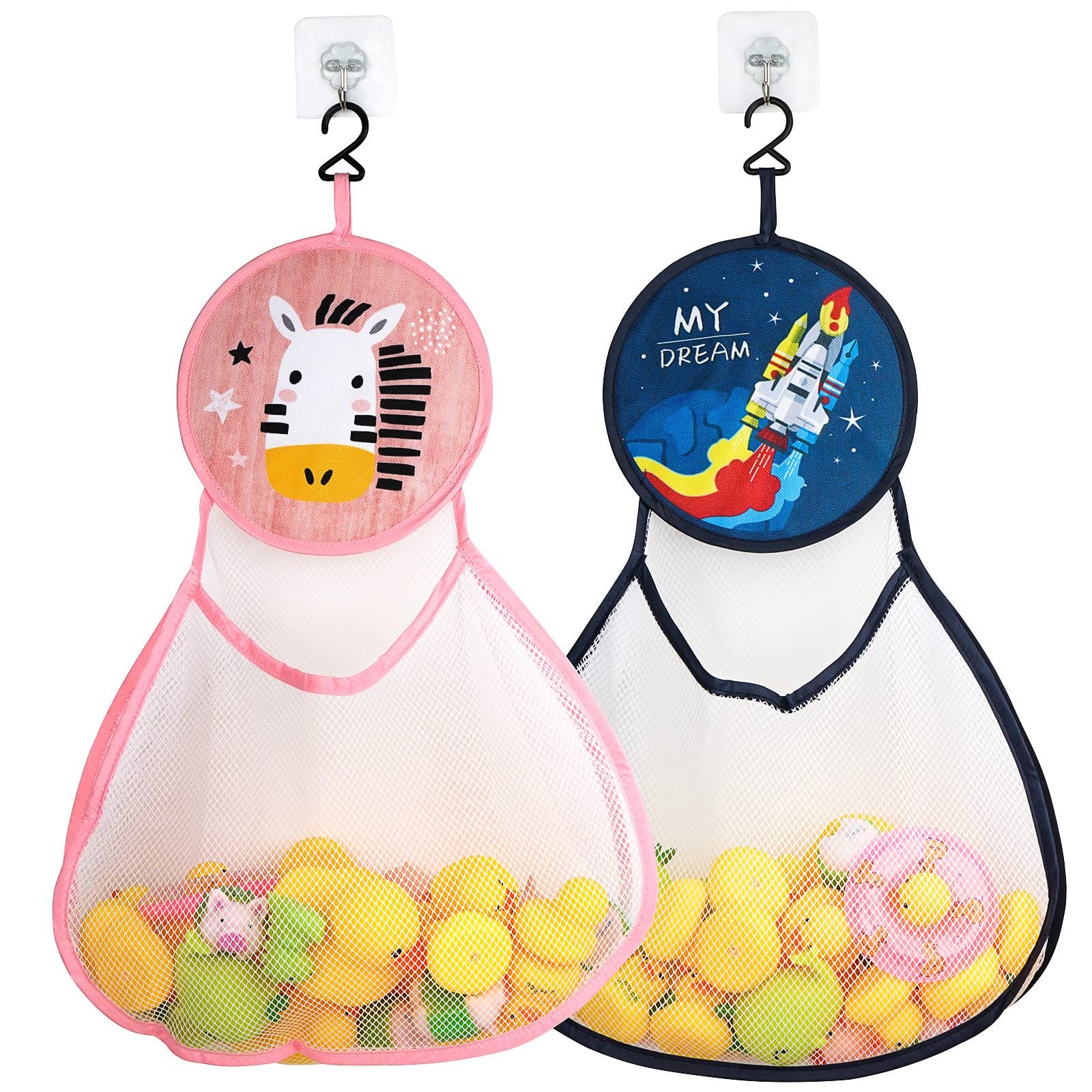 数量 Linkidea 2パックバスルームハンギングトイ収納バッグ キッズ幼児バスタブトイホルダーフック付き 大容量バストイメッシュバッグ ロケット ゼブラ