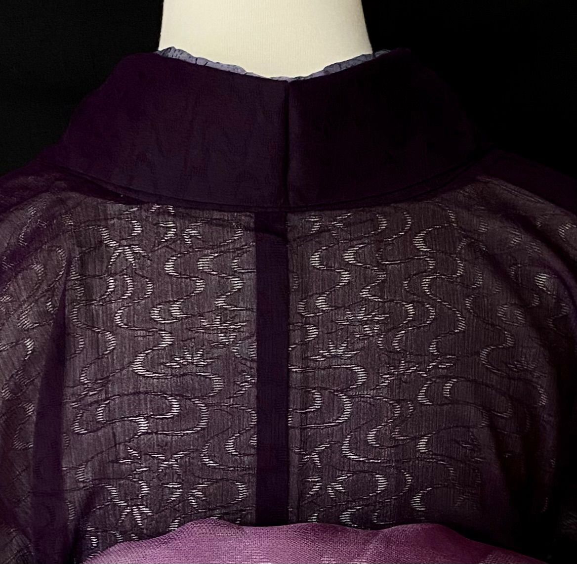訪問着 絽織り 裄丈64.5㎝ スモール＆ゆったりサイズ 紫色 水流紋 一ツ紋