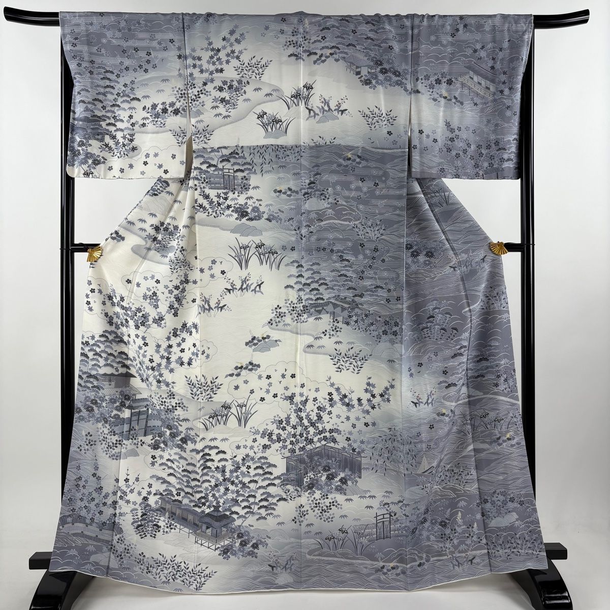 訪問着 身丈164cm 裄丈67.5cm L 袷 松竹梅 家屋 ぼかし 灰白 正絹 秀品