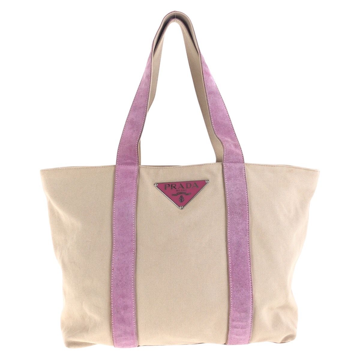 PRADA プラダ 三角ロゴプレート ベージュ ピンク シルバー金具 PRADA プラダ 三角ロゴプレート ベージュ ピンク シルバー金具
