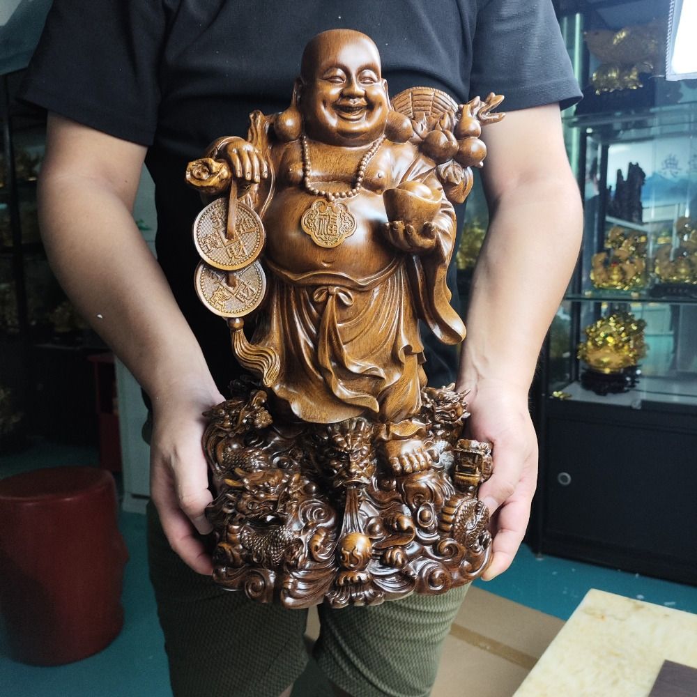 レジン製 笑う仏像 コイン付き、手作り富の招き彫刻、繁栄と幸運のため