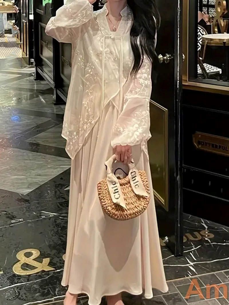 セットアップ レディース 上下セット ワンピース ロングスカート お洒落 薄手 刺繍シャツ シフォン 長袖シャツ ゆったり 体型カバー 0784 min
