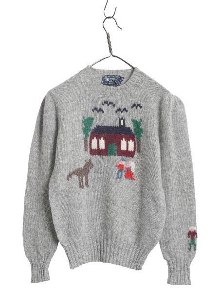 なクーポン配布中! 80s シェットランド ウール デザイン ニット セーター レディース S 程| ヴィンテージ バーズアイ 絵柄 手編み ハンドメイド イラスト 灰