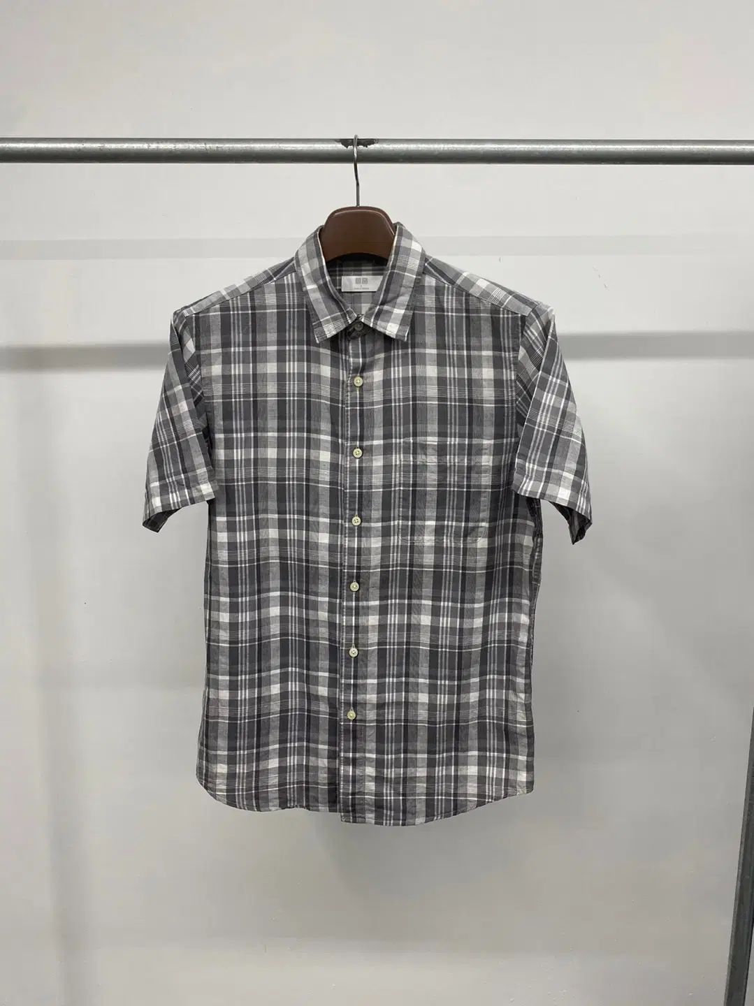 （ L ） メンズ UNIQLO(ユニクロ) Uniqlo コットン リネン チェック 半袖 シャツ ショートスリーブ