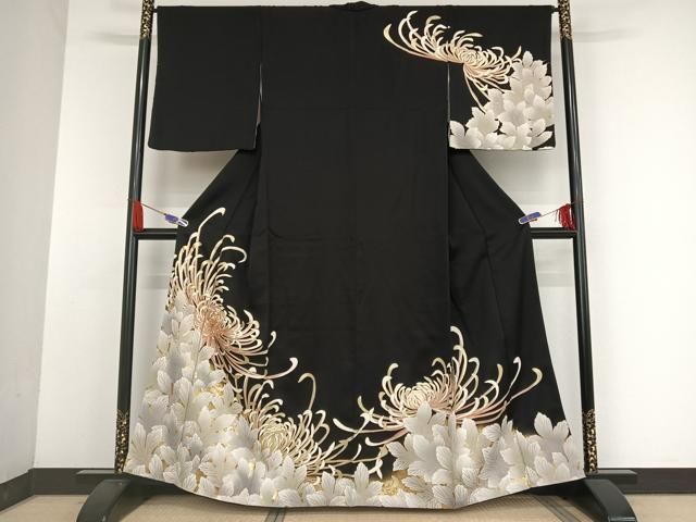 平和屋着物●訪問着 駒刺繍 糸菊 黒地 金糸 金彩 正絹 AAAU0245np
