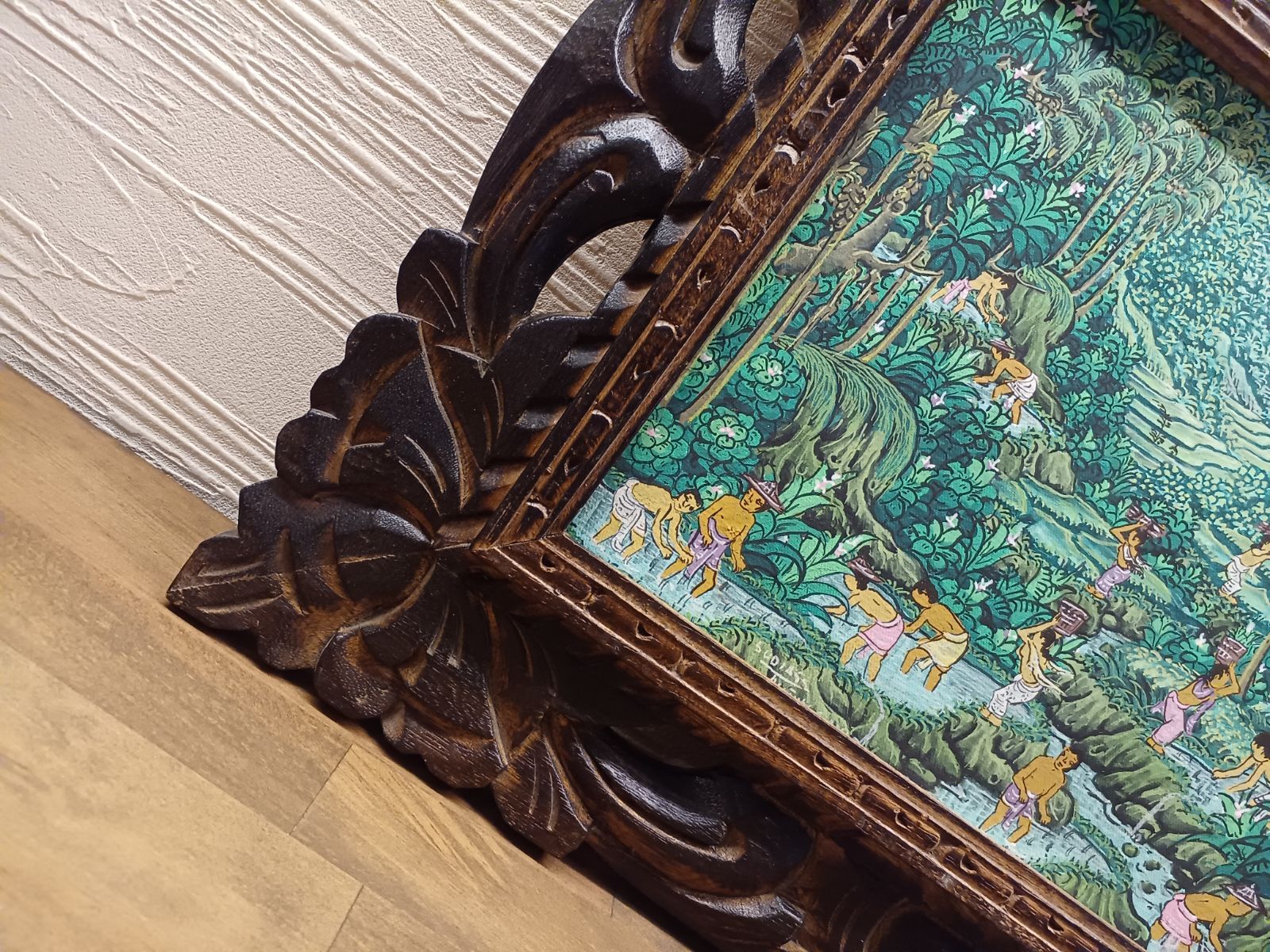 【真作】バリ島ウブド　バリアート　細密アクリル絵画　ハンドペイント／サイン有 真作】バリ島ウブド バリアート 細密アクリル絵画 ハンド