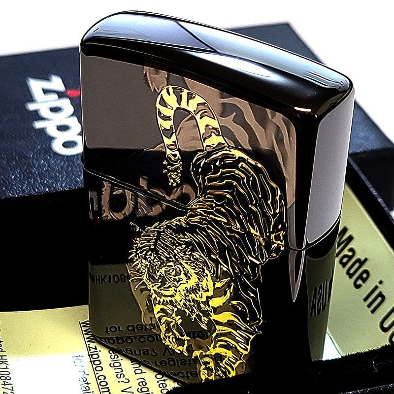 ZIPPO ライター 虎 細密レーザー彫刻＆金差し 和柄 ブラックニッケル