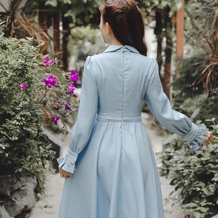 花柄刺繍×丸襟 クラシックワンピース 民国風 ワンピース ロングワンピース 丸襟 春ワンピース ロング丈 フ ワンピース 花 刺繍 ハイウエスト トレロ ロング丈 マキシ丈 春 秋 上品 大人 erc292