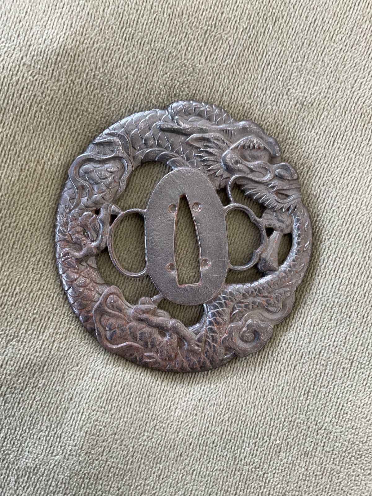 刀剣鍔 まとめ 3点セット 龍図 透かし彫り / 鉄地鍔 / 真鍮金具