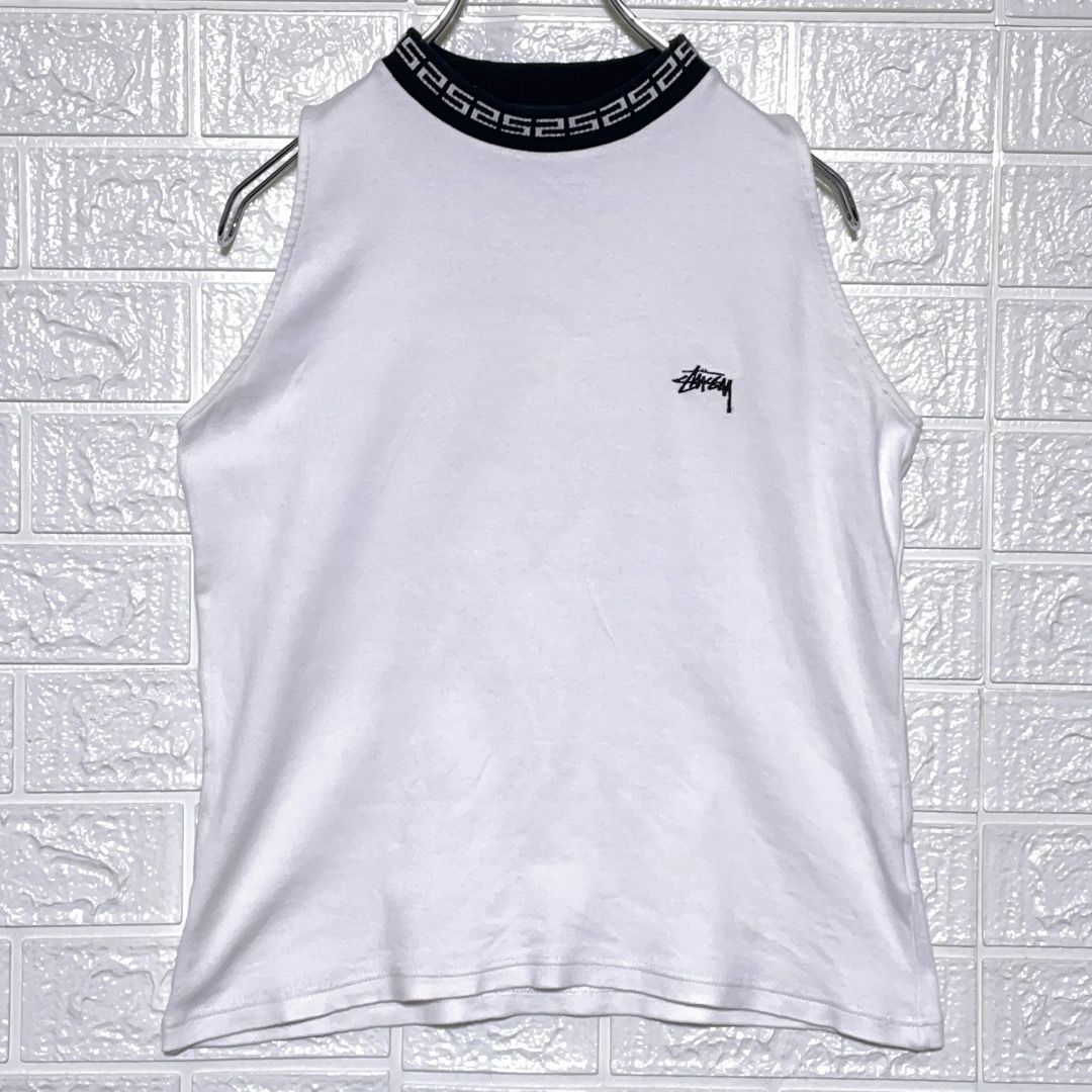 ステューシー ノースリーブTシャツ モックネック ロゴ ホワイト