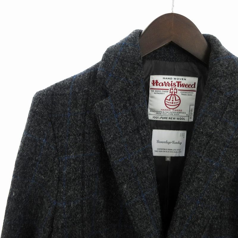 セブンデイズサンデイ SEVENDAYS＝SUNDAY 美品 ハリスツイード HARRIS TWEED コラボ チェスターコート ウール チェック  チャコールグレー M ■SM1