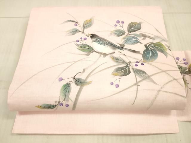 平和屋着物＊夏物　九寸名古屋帯　手描き　南天文　鳥　金彩　正絹　逸品　DAAX5687cm 平和屋着物＊夏物 九寸名古屋帯 手描き 南天文 鳥 金彩 正絹 逸品