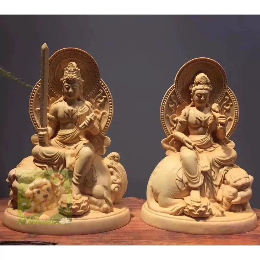 文殊菩薩 普賢菩薩 置物 天然木 仏教工芸品 木彫仏教 精密彫刻 上品 仏師で仕上げ品