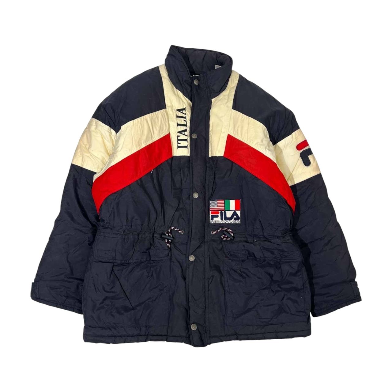 90s FILA フィラ 裏地デザイン 中綿 ビッグ ロゴ スキー ジャケット ジャンパー/L メンズ ビンテージ 90s FILA フィラ 裏地デザイン 中綿 ビッグ ロゴ スキー ジャケット