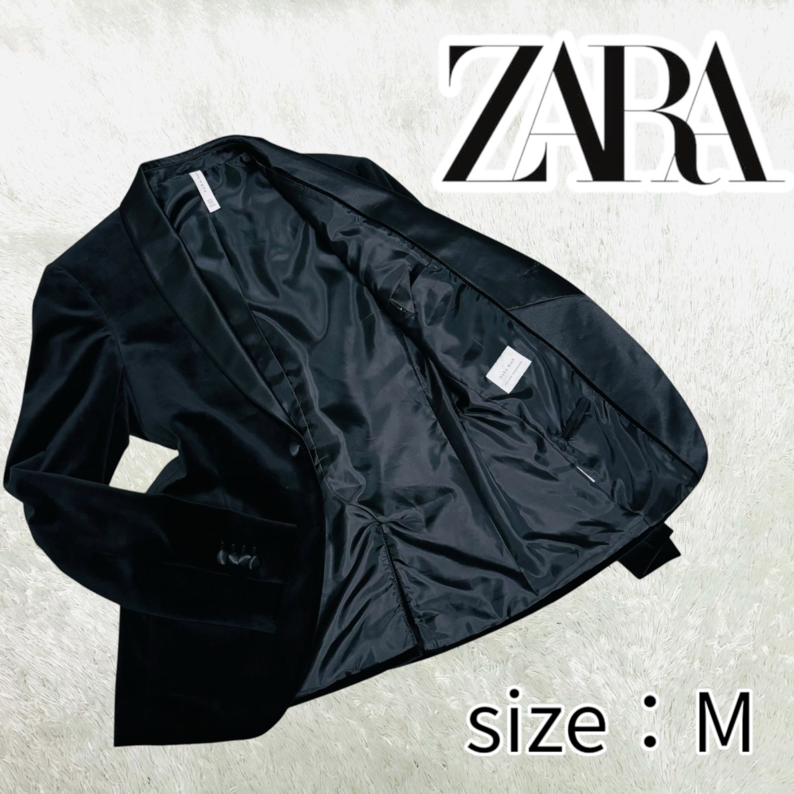 美品 ZARA ザラ ベロア ベルベット ブレザー ディナー ブラックサテン パイピング テーラードジャケット ジャケット 黒 ブラック サイズ M  タキシード クリスマス