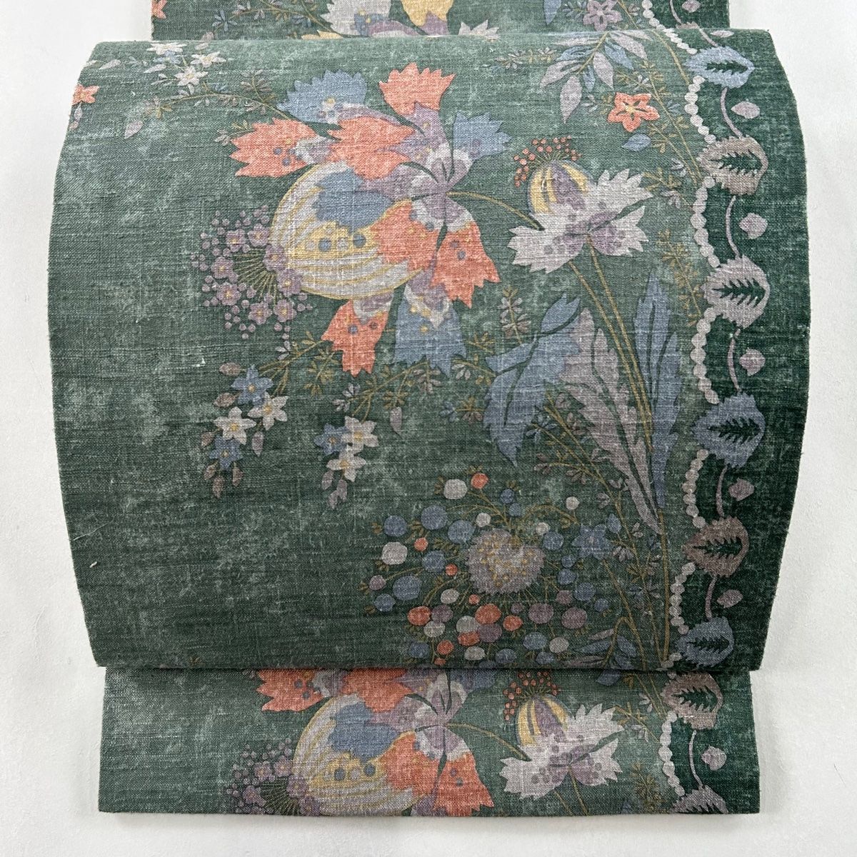 開き名古屋帯 秀品 紬地 草花 灰緑 正絹