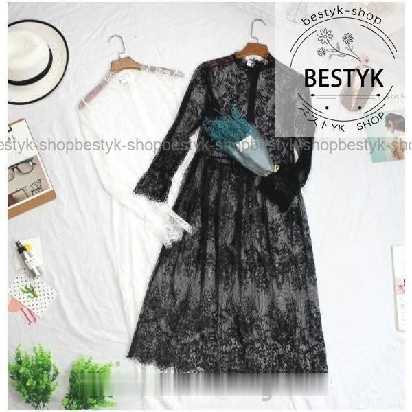 総レースワンピース長袖チュール花柄刺繍 オルチャンストリートレイヤード原宿系シースルーインナー