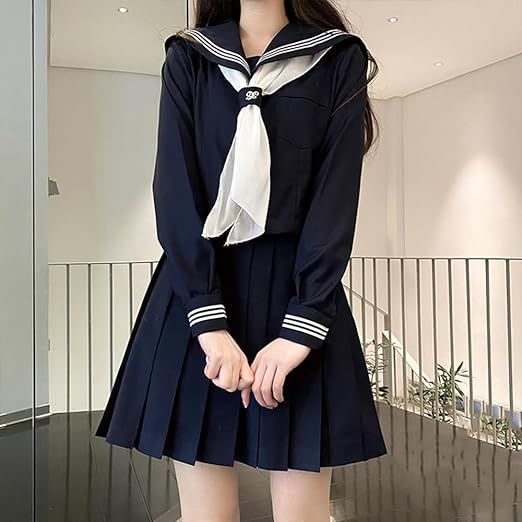 セーラー服 紺色 女子高生 3点セット ハロウィン 仮装 JK 制服 コスチューム 長袖 前開き 上下セット プリーツスカート 人気 女子制服 本格制服 紺三本 文化祭 学?歳 卒業式 清純 可愛い ネイビー cfs01