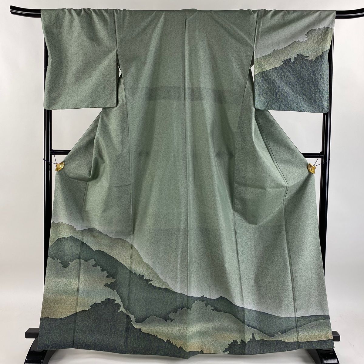 付下げ 身丈165.5cm 裄丈68cm L 袷 紬地 山並み 灰緑 正絹 美品