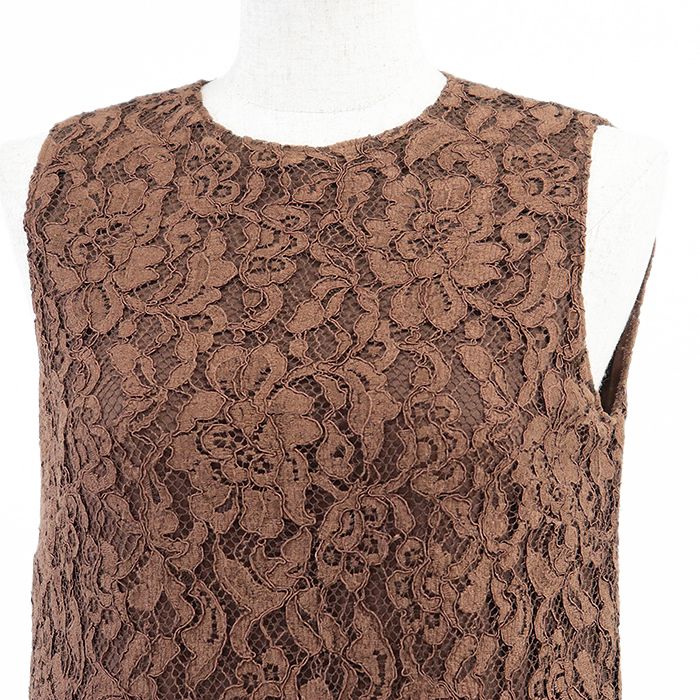 DOLCE-GABBANA ドルチェアンドガッバーナ ワンピース ノースリーブ 花柄 レース ウールメルトン フローラル × グレンチェック ドッキング ボックスプリーツ ドレス レディース サイズ 38 ブラウン ブラック 茶 黒 イタリア製