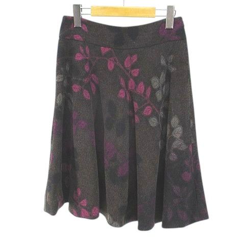 アクリス AKRIS リーフ柄 葉っぱ柄 膝丈 フ スカート スカート 38 茶系 ブラウン 毛 ウール 裏地