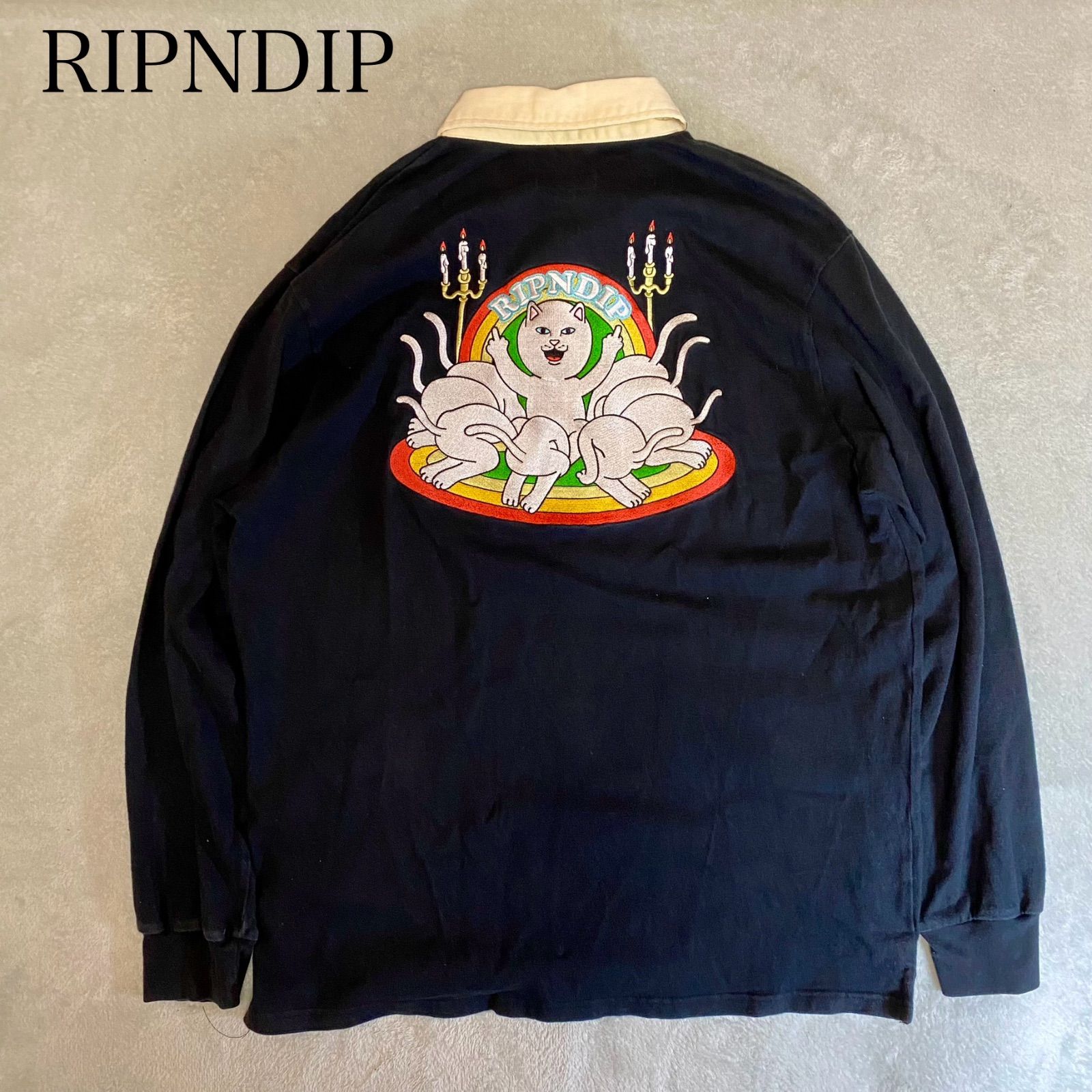 【RIPNDIP】ネコ刺繍　ラガーシャツ　長袖ポロシャツ リップンディップ RIPNDIP】ネコ刺繍 ラガーシャツ 長袖ポロシャツ リップン