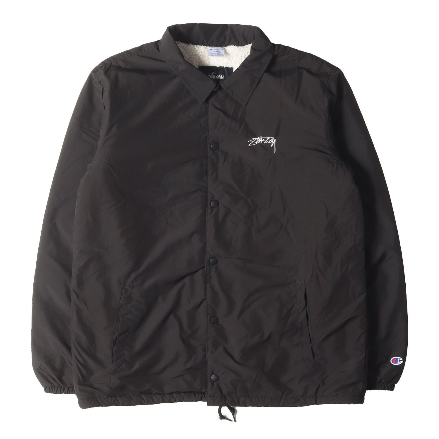 Stussy × champion裏ボアコーチジャケット(ブラック、XLサイズ) STUSSY ステューシー ジャケット サイズ:L / Champion ストック