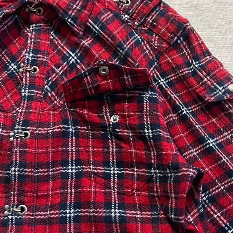 00s archive 赤 タータンチェック柄 ウエスタン調 長袖シャツ 肩ベルト