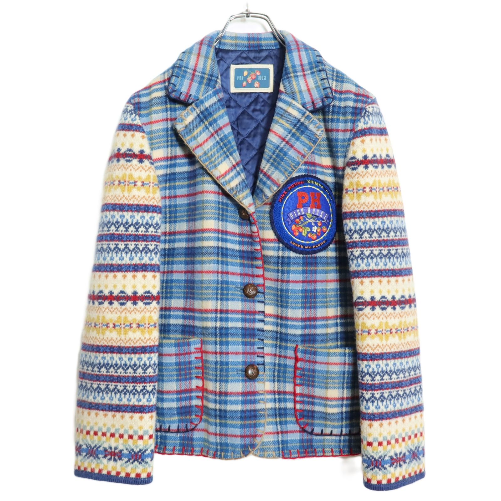 【美品】ピンクハウス★イチゴ刺繍&オリチェ♪ニットジャケット 青系 もこもこワッペン&キルティング♪z15734