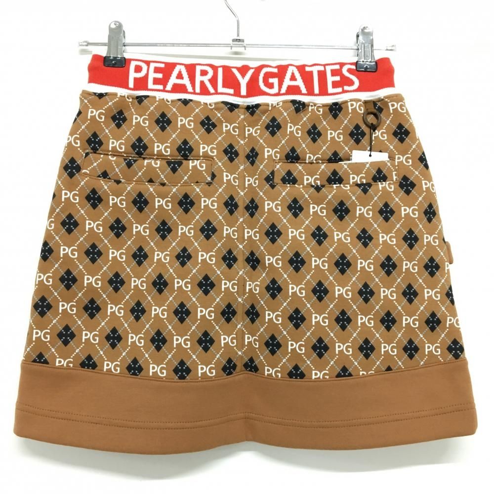 パーリーゲイツ スカート ブラウン×レッド 後面総柄 ベルト部ゴム レディース 0 S ゴルフウェア PEARLY GATES