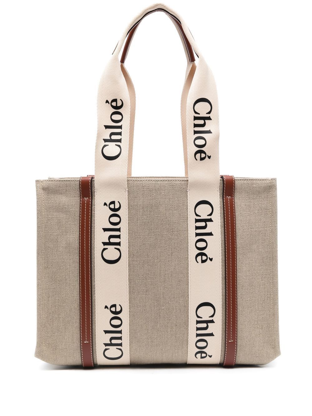 CHLOÉ ホワイト|ブラウン ウッディキャンバス ミディアムトート