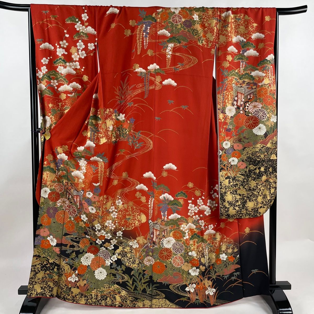 振袖 身丈166cm 裄丈68.5cm L 袷 御所車 菊 金彩 ぼかし 朱色 正絹 秀品
