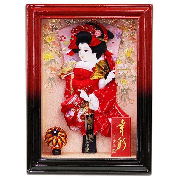 羽子板 宝童作 振袖刺繡ガラスケース20号・間口約40×奥行約32×高