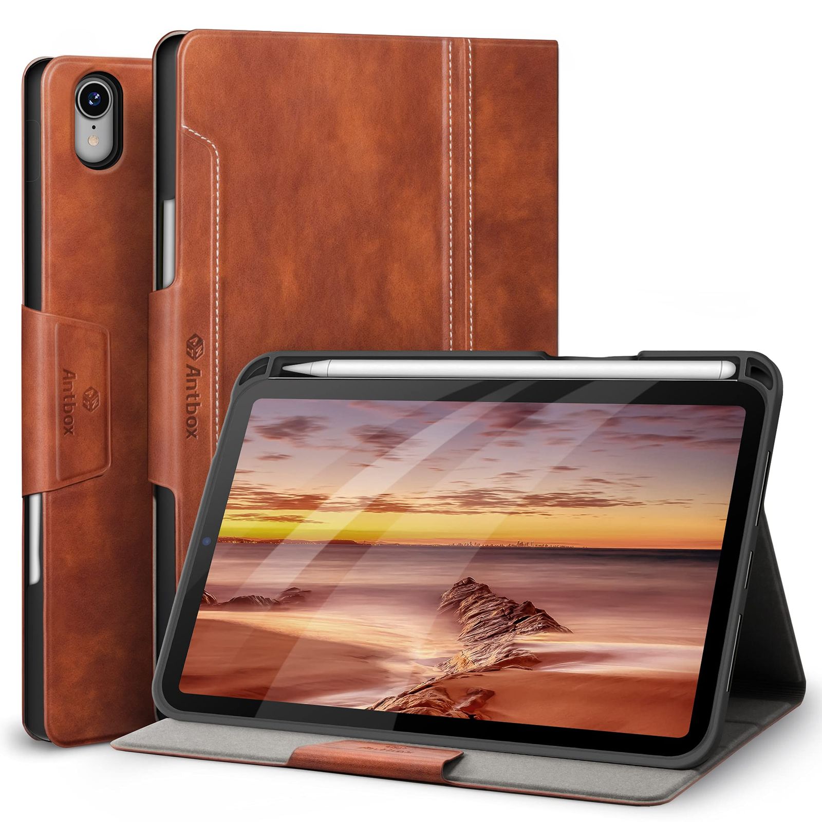 ペンホルダー付き ケース PUレザー ケース 第76世代 タブレットケースカバー mini オートスリープ＆スタンド機能付き iPad iPad 全面保護 Pro 224 防衝撃デザイン A17 mini7 Brown Antbox