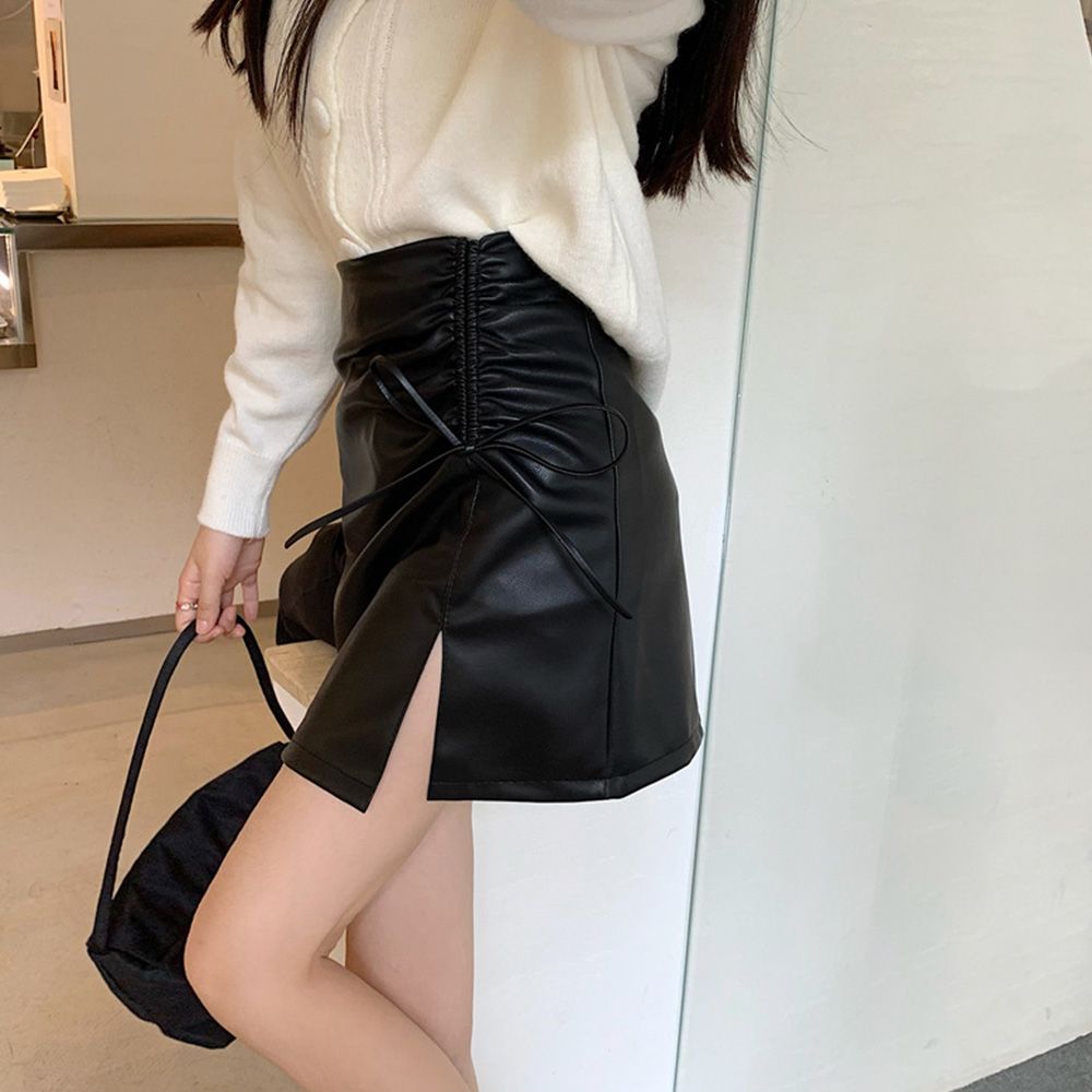 韓国 台形スカート レザー - スカート