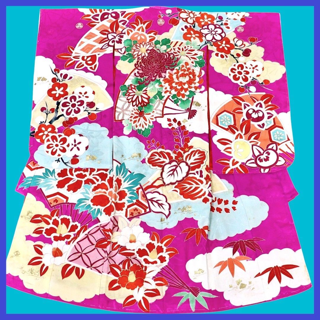 三日月とうさぎ a0608 アンティーク子ども着物 一つ身 五つ紋 2点セット