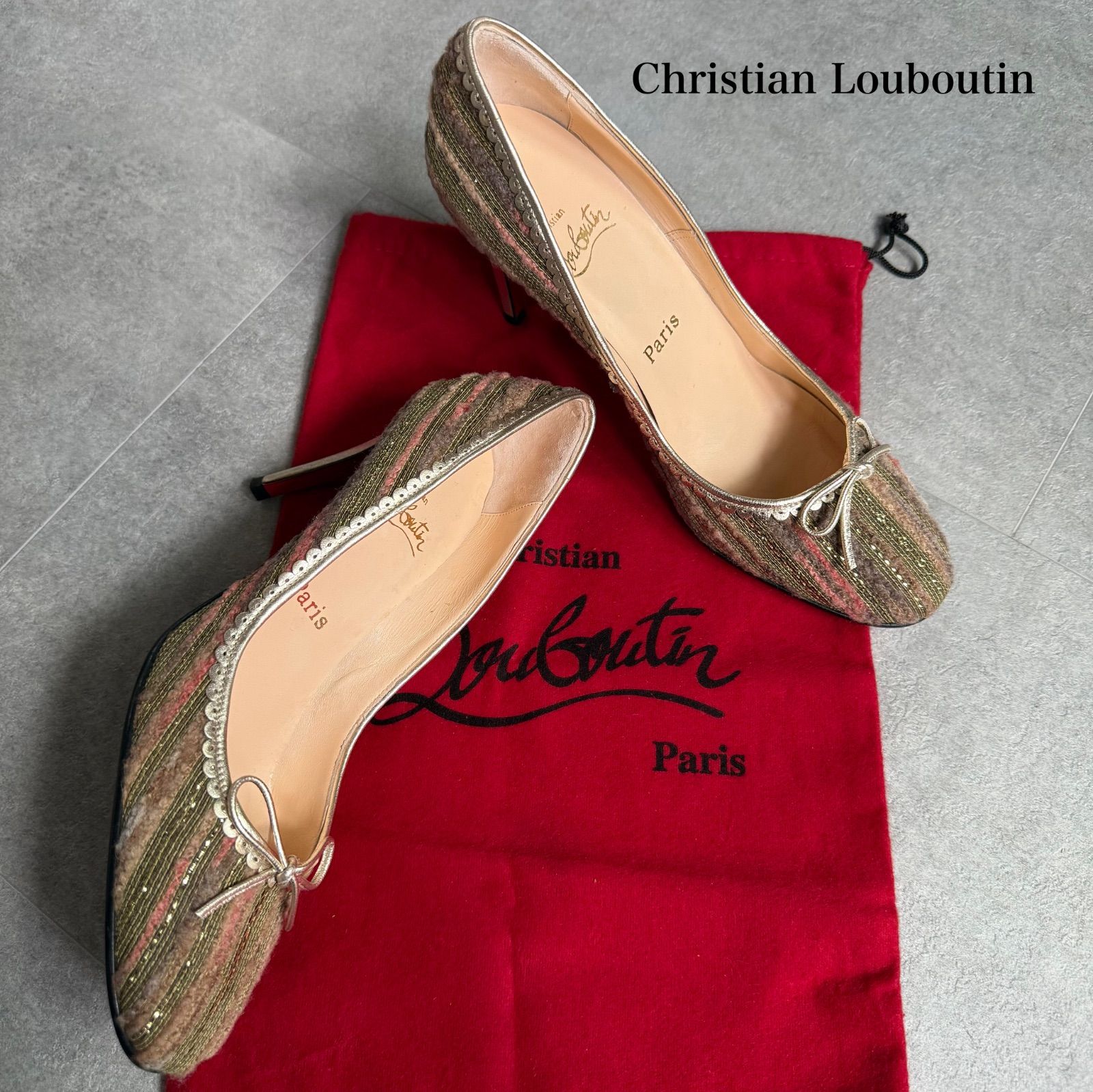 Christian Louboutin クリスチャンルブタン ツイード リボン パンプス 38 25cm マルチ