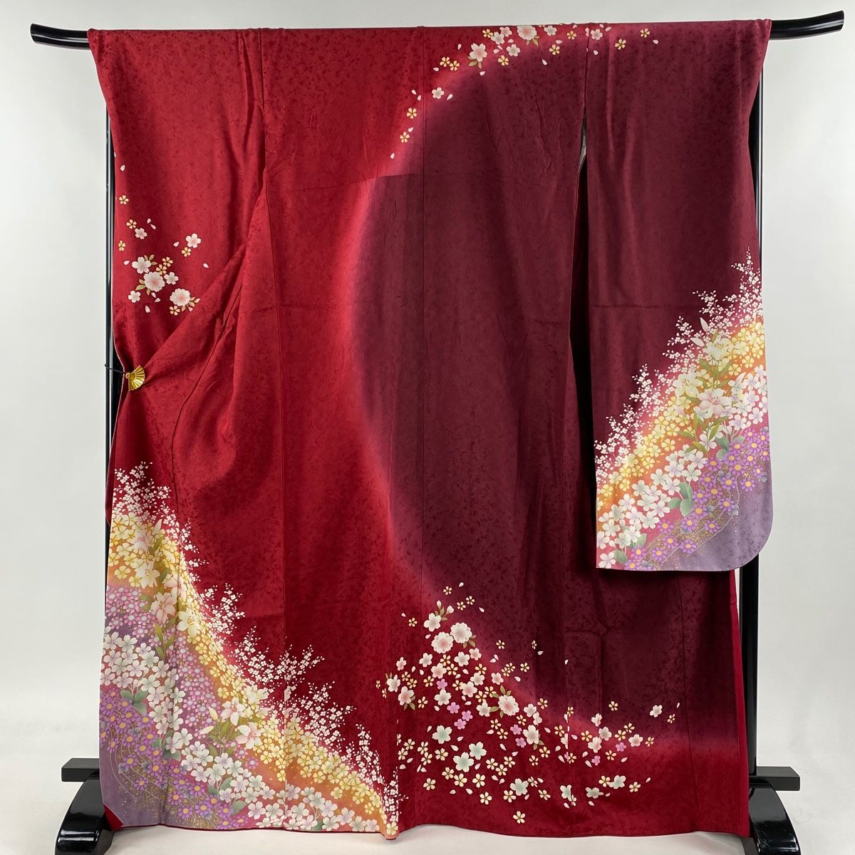 振袖 身丈168.5cm 裄丈70cm L 袷 やまと 百合 草花 金彩 ぼかし 茜色 正絹 名品