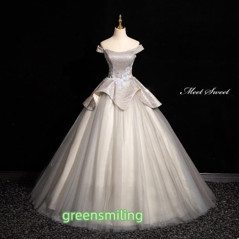 ドレス プリンセスライン ロングドレス シルバー オフショルダー グレー ウェディングドレス 結婚式 二次会 花嫁 前撮り 演奏会 発表