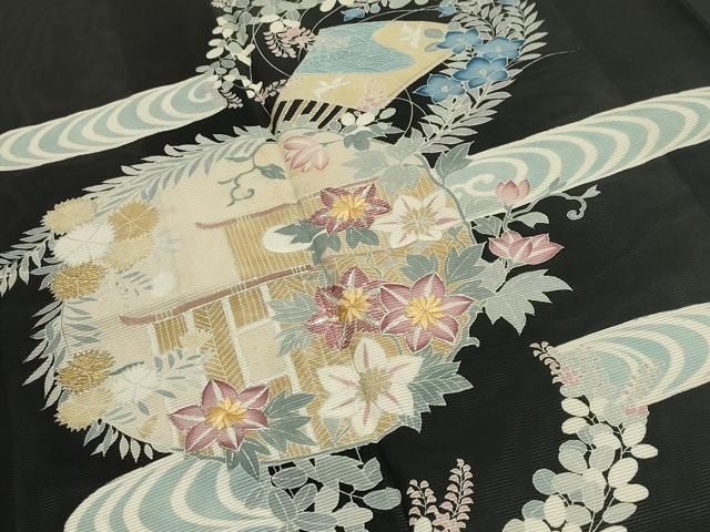 D79 夏着物　黒留袖　落款　幹雄　華文　唐草　銀駒刺繍　絽　正絹　極美品 D79 夏着物 黒留袖 落款 幹雄 華文 唐草 銀駒刺繍 絽 正絹 極美