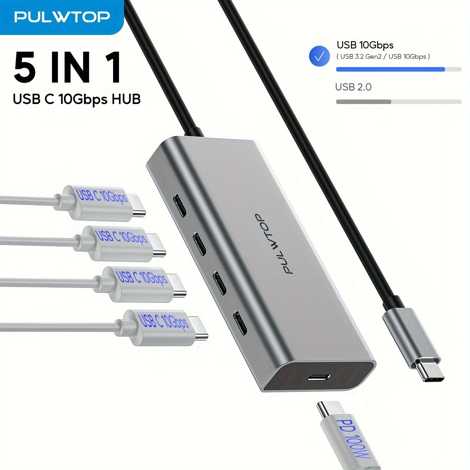 PULWTOP 5ポートUSB Cハブ、10Gbpsデータ転送、100W PD充電、マルチポートアダプター、MacBook Pro、Chromebook、iMac、XPS対応 - ラップトップ対応、モニター非対応